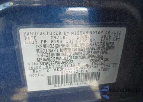 2018 Nissan Sentra Sv z USA, uszkodzony, nr VIN 3N1AB7AP0JL645032